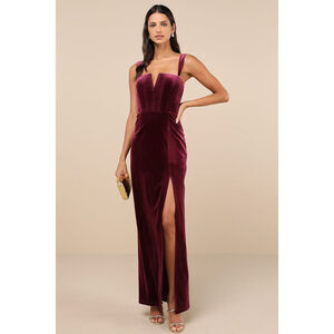 Lulus Pristine Luxury Dark Berry Velvet Bustier Maxi Dress Purple - Size S, NWT